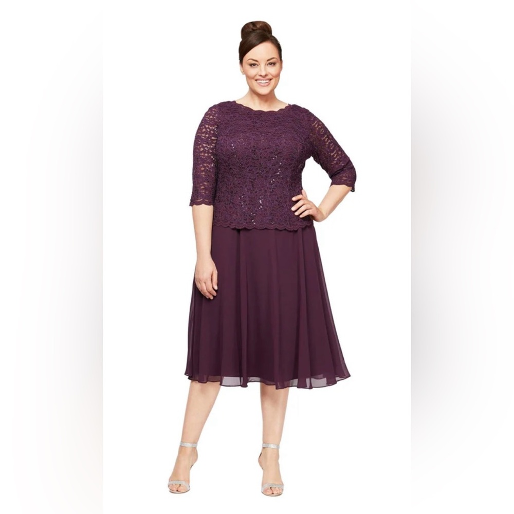Alex Evenings Sequined Lace Contrast Midi Dress - Deep Plum